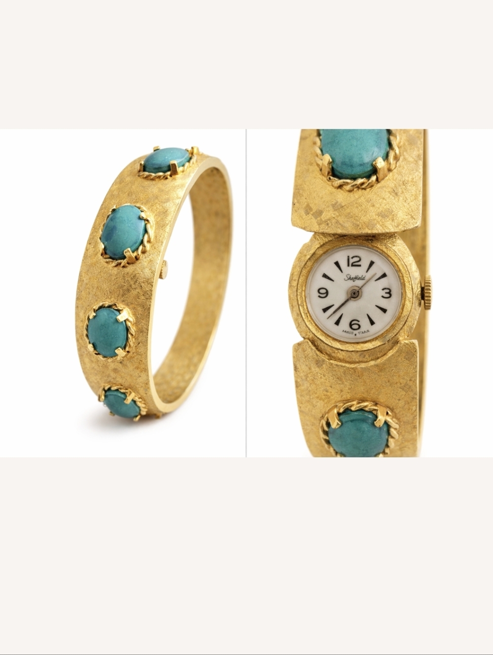 Vintage Rare Sheffield Elegant Gold Turquoise Bracelet Cuff  Detail Watch